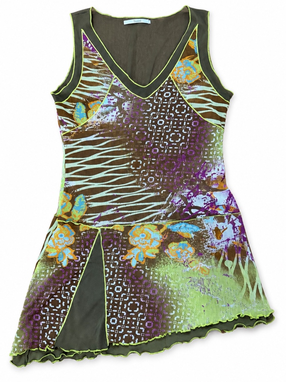 Xanaka Mixed Print Mesh Asymmetrical Mini Dress Estimated M